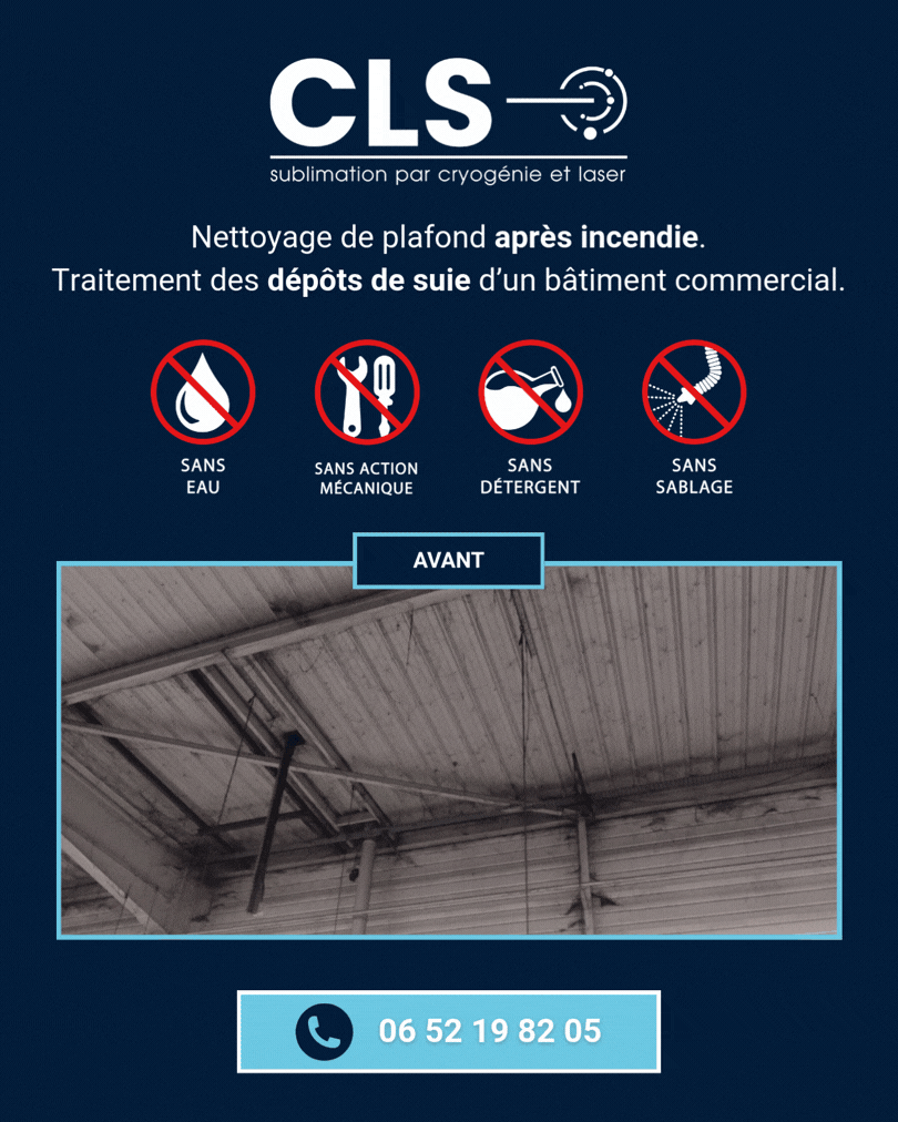 Post LinkedIn sur le nettoyage d'un plafond avec suie d'un bâtiment commercial