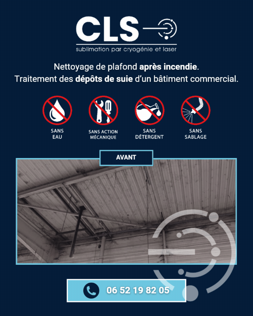 Nettoyage de plafond après incendie. Traitement des dépôts de suie d'un bâtiment commercial.
