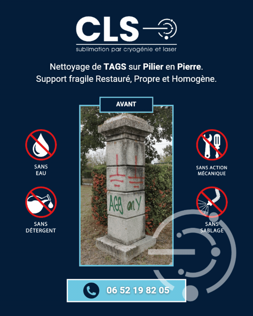 Nettoyage de TAGS sur Pilier en Pierre. Support fragile Restauré, Propre et Homogène.
